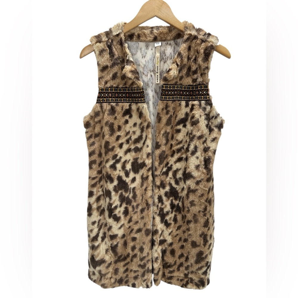 Uncle Frank Leopard Print Faux Fur Longline Vest Embroidered Trim Boho Western